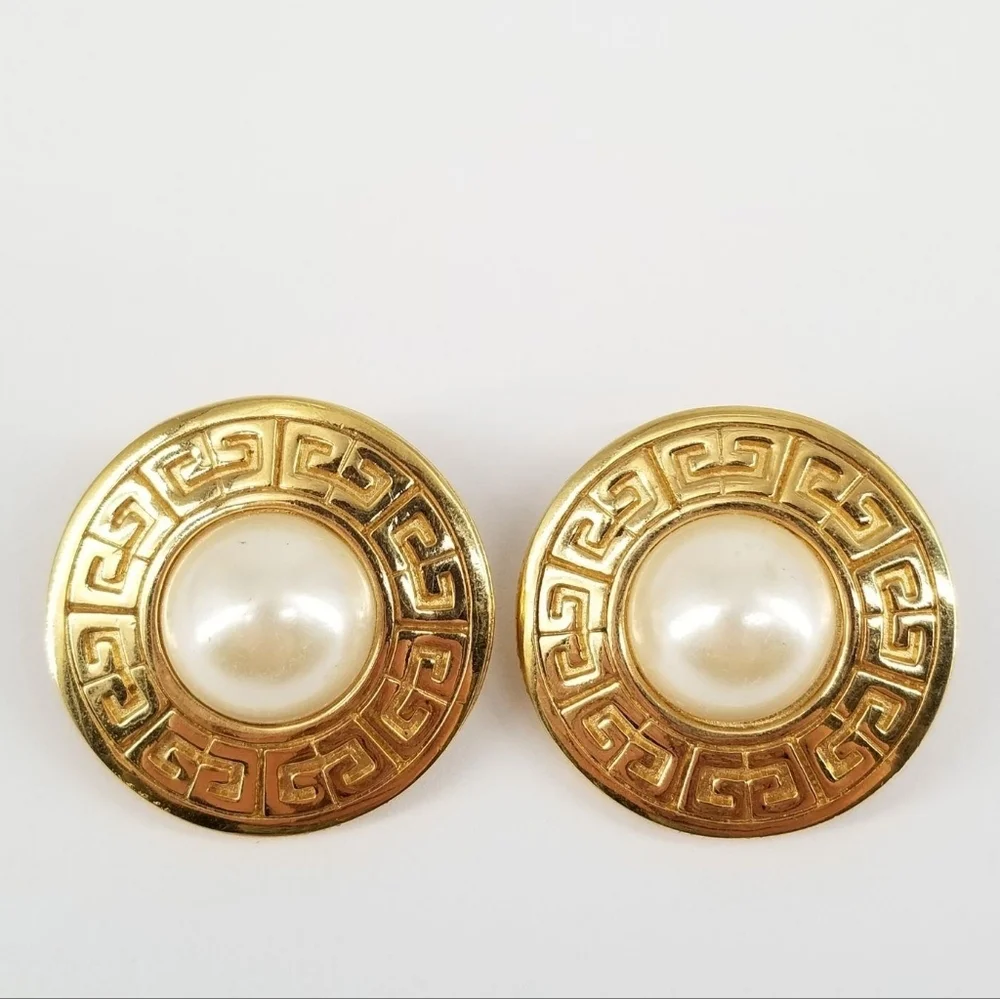 GIVENCHY vintage Greek Key Logo Gold & Pearl Earrings
